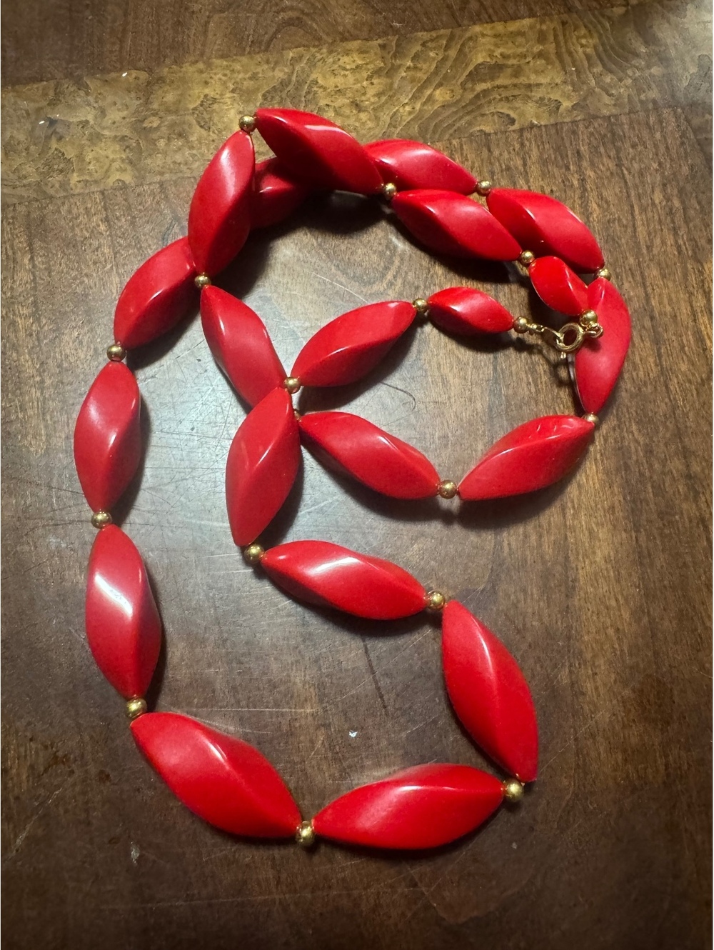 Vintage Trifari Red Beaded Necklace with Gold Tone Accents 32” Long